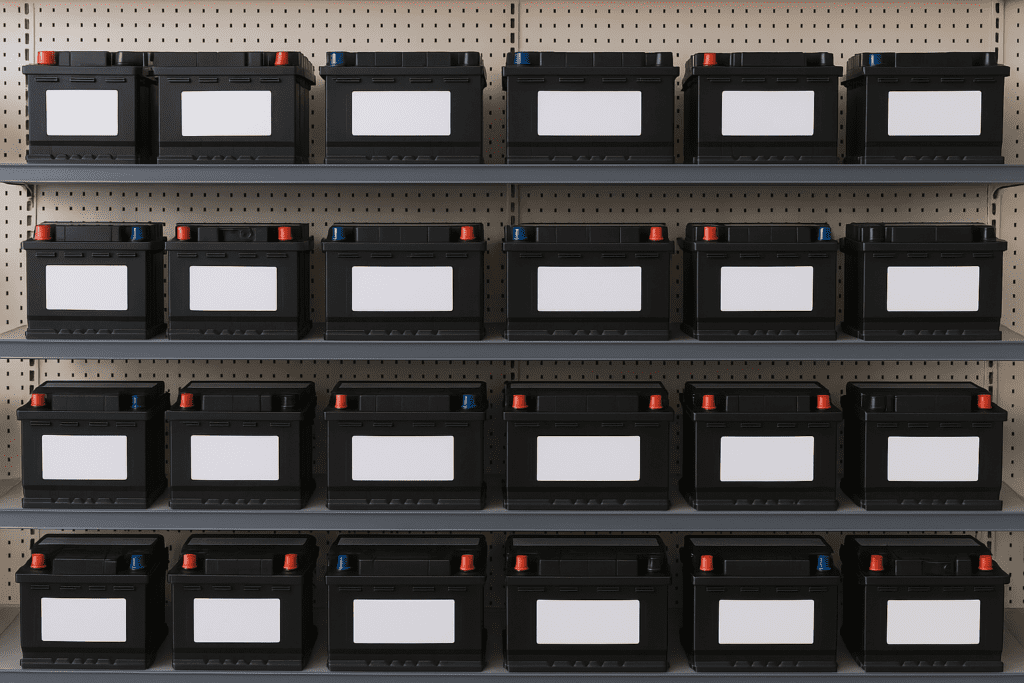 Brand new car batteries at a local auto-shop.