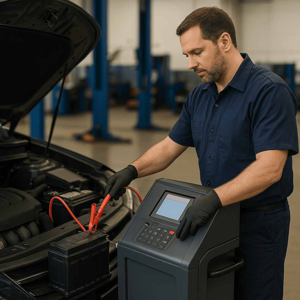 A mechanic performing a professional battery test.