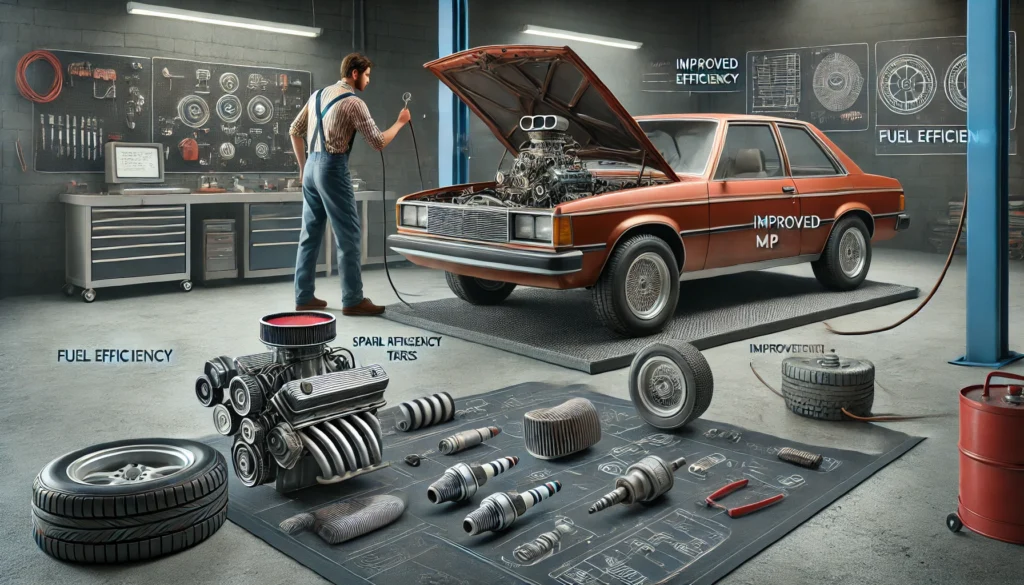 A mechanic upgrading parts on an older vehicle to improve gas mileage.