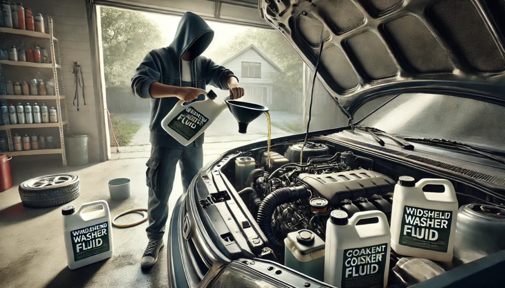 Vehicle owner adding fluids to his car.