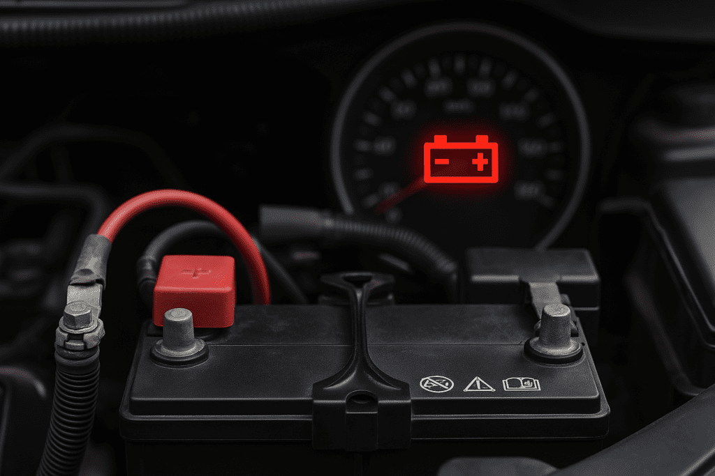 Battery light emitting on a vehicle dashboard.