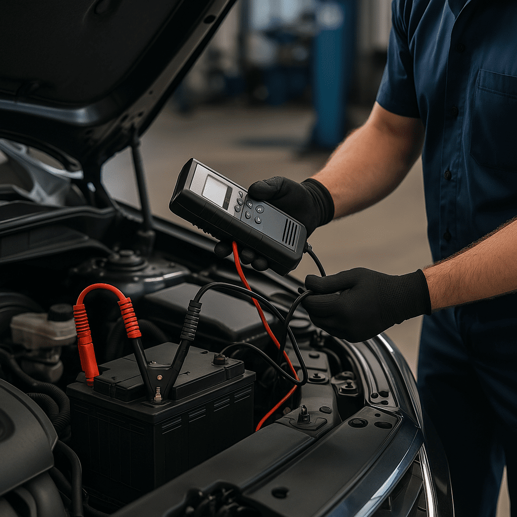 A load test being done on a car battery by a mechanic.