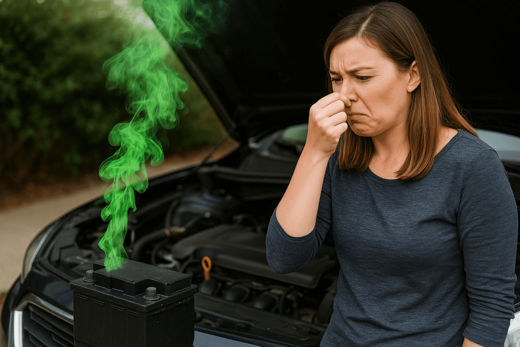 Swollen car battery emitting green smoke next to concerned woman