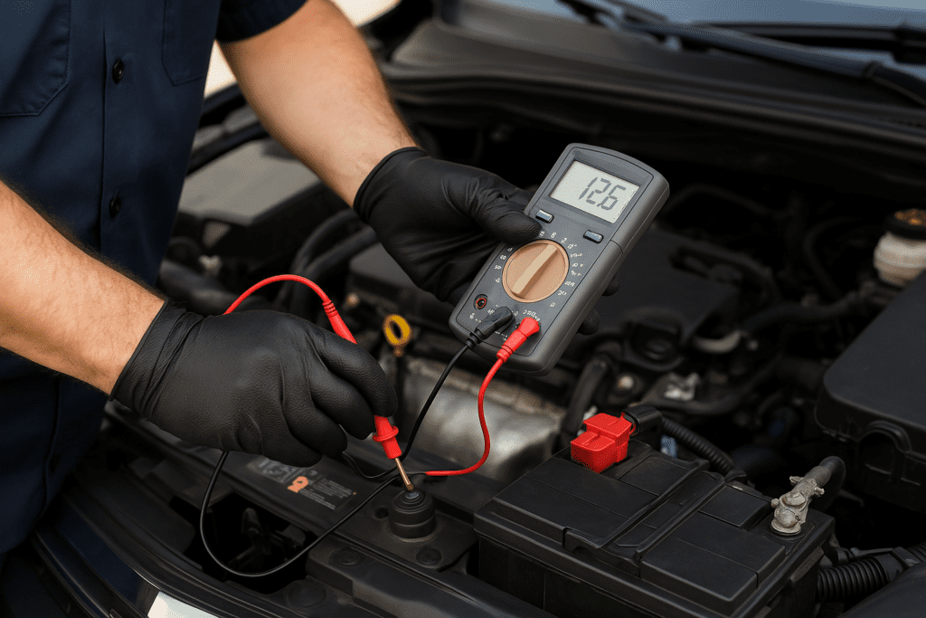 A mechanic testing the volts in a car battery.