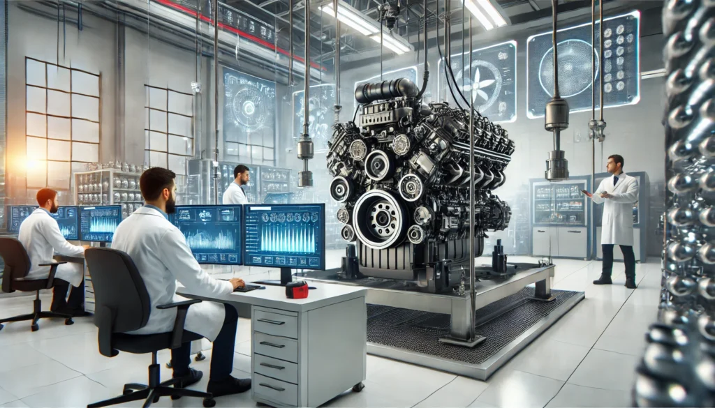 A diesel engine being tested by engineers in a factory.