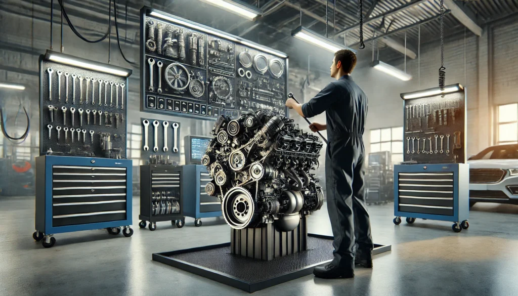 Diesel mechaninc working on a diesel engine in a workshop.