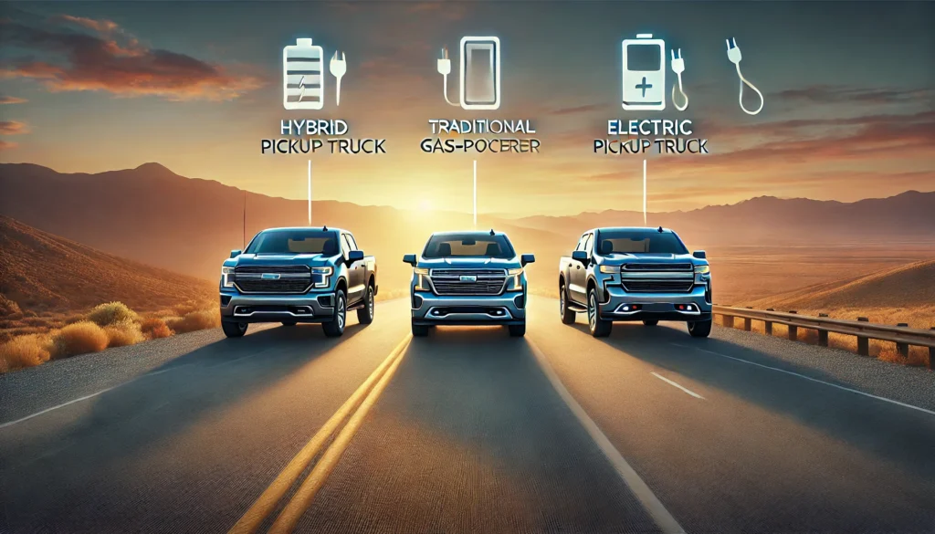 Hybrid Pickup Trucks lined up on the highway.