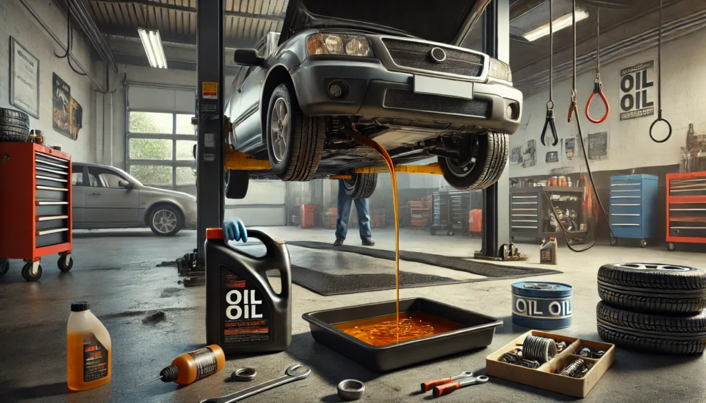Mechaninc changing the oil of a vehicle.