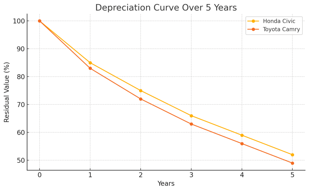 Honda Civic VS Toyota Camry Depreciation curve for 5 years.