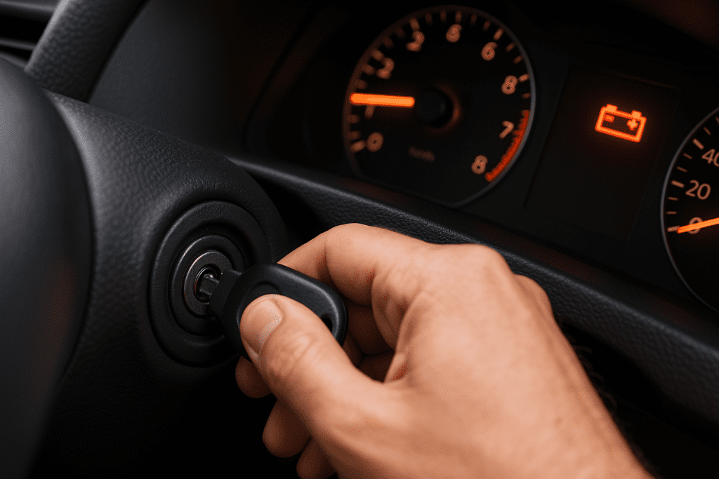 Cranking an engine on a vehicle with the key.