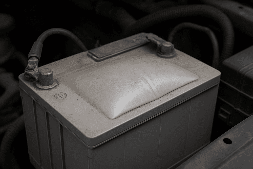Swollen car battery casing.