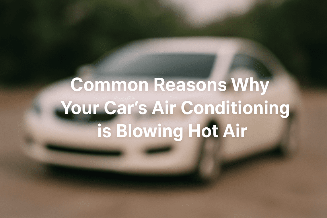 An image of a blurry car with the text written: Common Reasons Why Your Car's Air Conditioning is blowing hot air