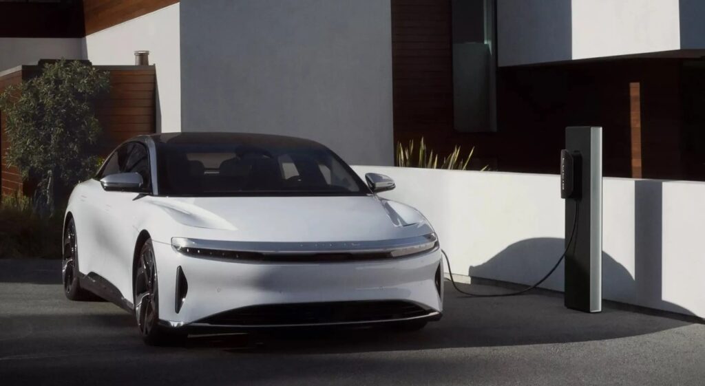Electric car Lucid Air on a fast charger.