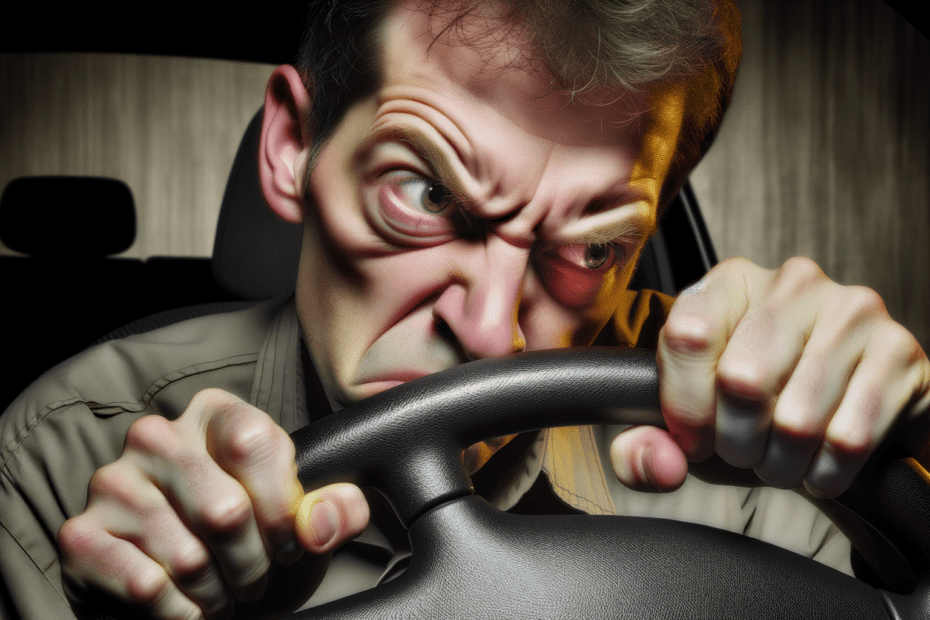 A hard to turn steering wheel by a frustrated driver.