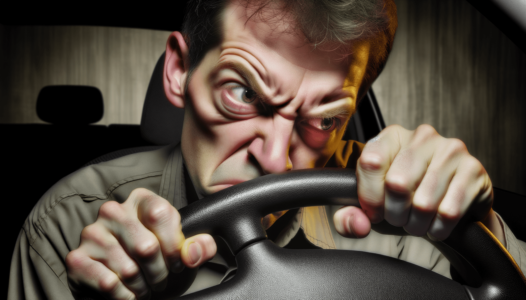 A hard to turn steering wheel by a frustrated driver.