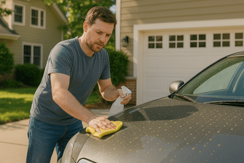 A young man removing tree sap from the hood of his car.