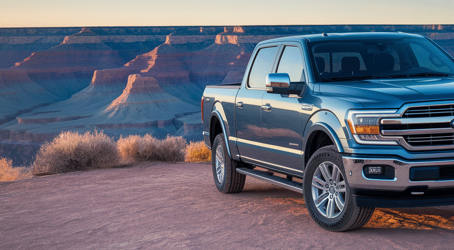 Modern truck at scenic canyon overlook at sunrise.