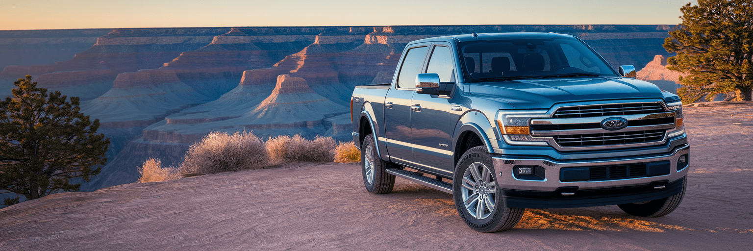 Modern truck at scenic canyon overlook at sunrise.