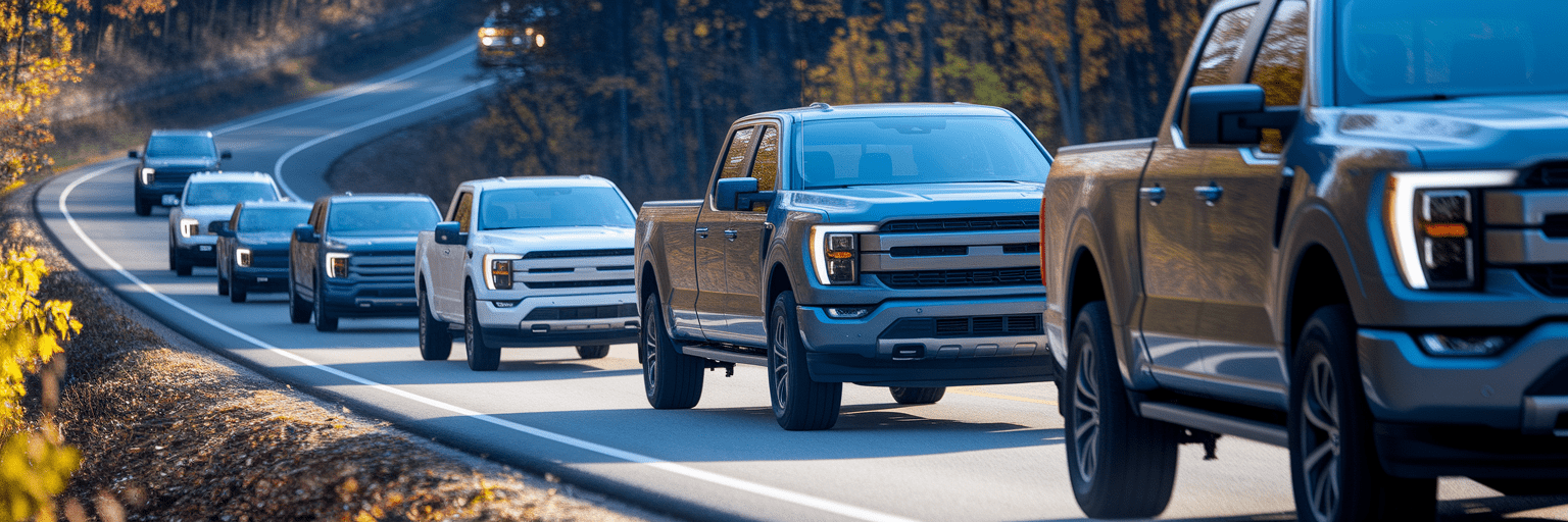 Modern pickup trucks towing on highway.