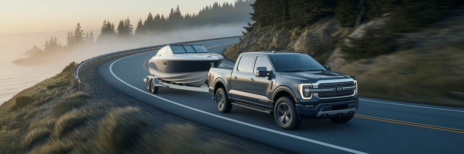 Modern truck towing a boat on a highway.
