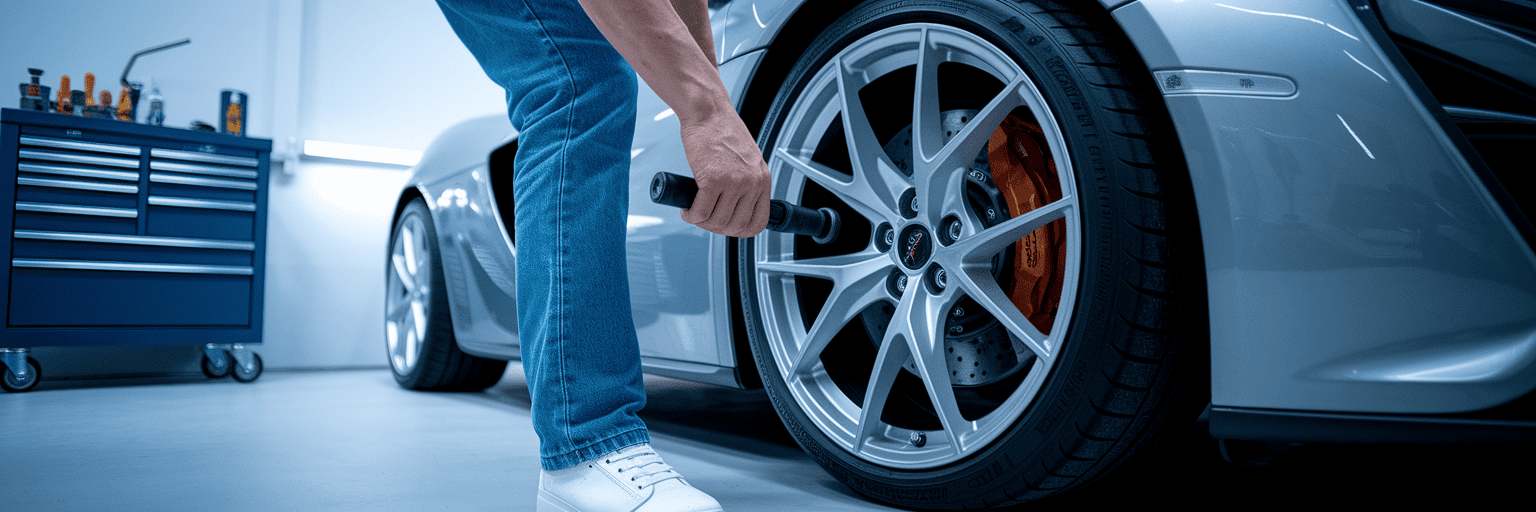 Person installing lightweight wheel on sports car.