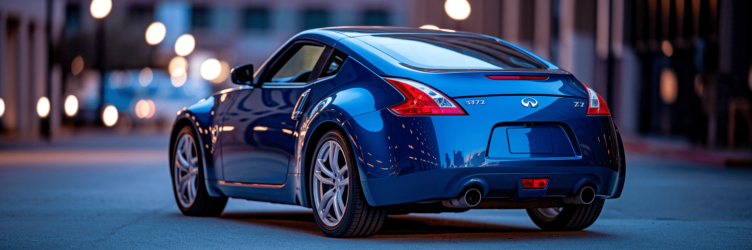 Used sports coupe parked on a city street at dusk.