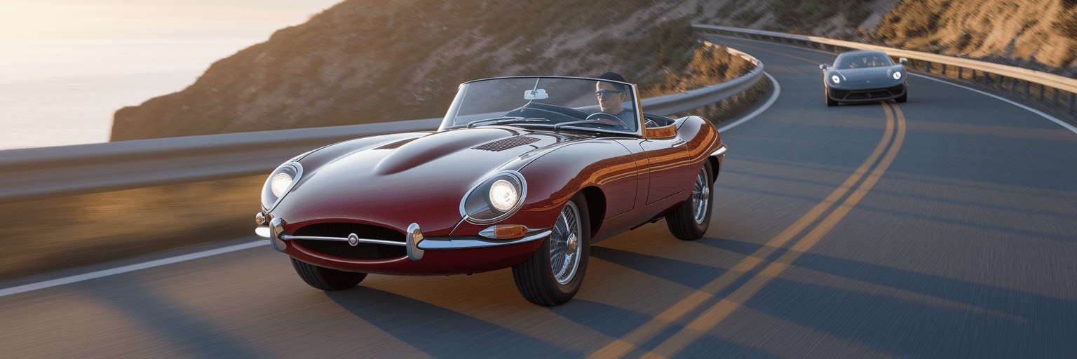 Classic red sports car driving at sunset.