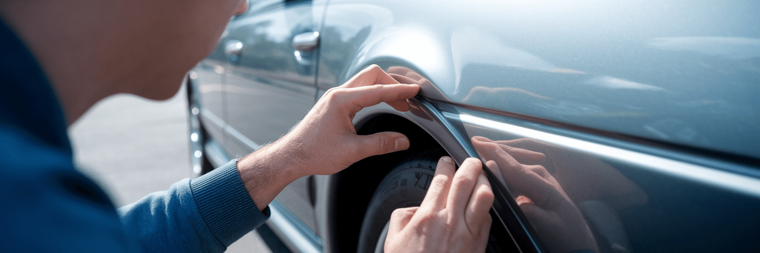 Person inspecting a used car's bodywork.
