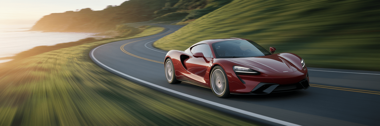 Modern red sports car on winding road.
