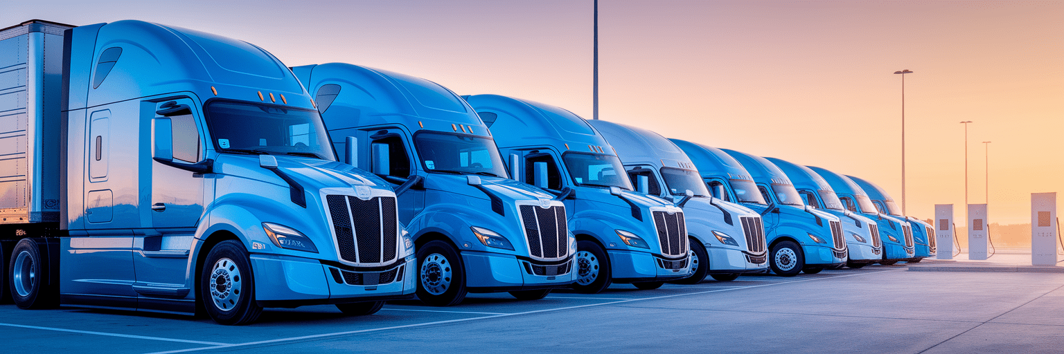 Row of modern electric trucks at a depot.