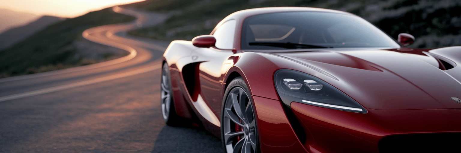 Red sports car on winding mountain road.