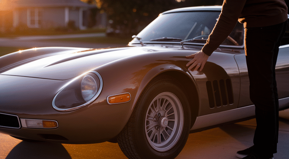 Person inspecting a used sports car at sunset.