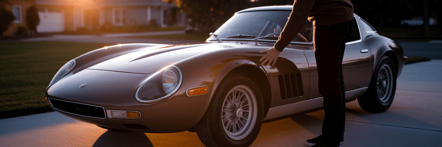Person inspecting a used sports car at sunset.