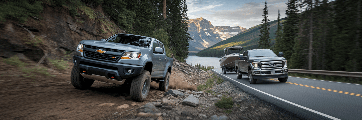 Off-road truck on trail and towing truck on road.