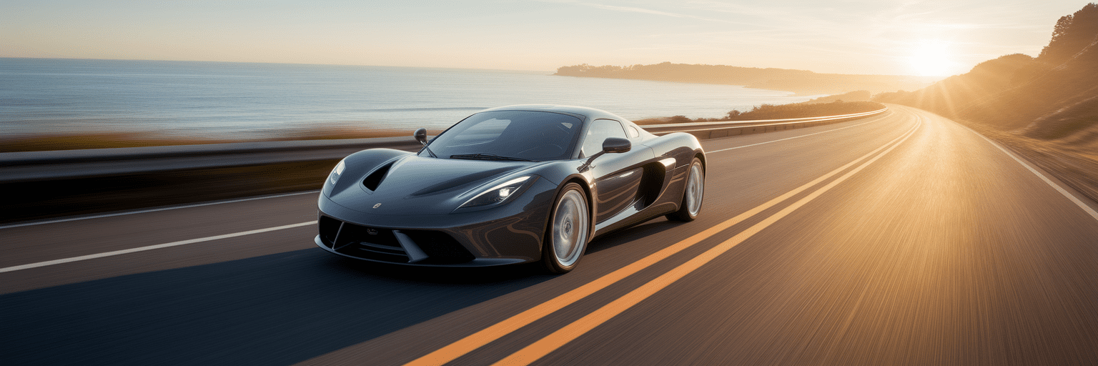 Sleek sports car driving on coastal road at sunrise.