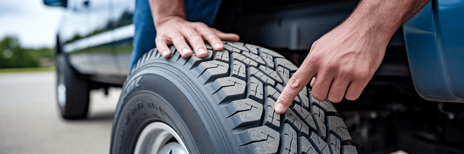 Hands inspecting a used truck tire.