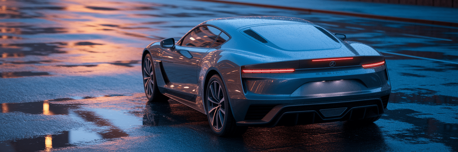 Modern sports car parked on wet city street at dusk.