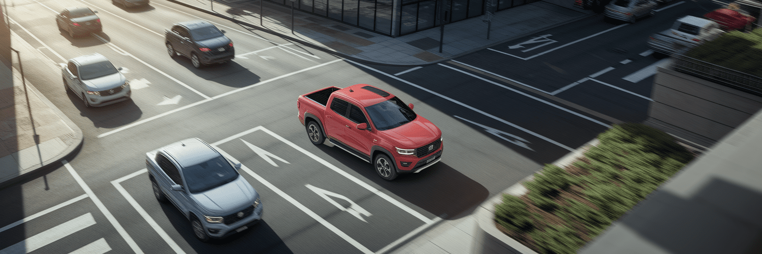 Compact pickup truck navigating a busy city intersection.