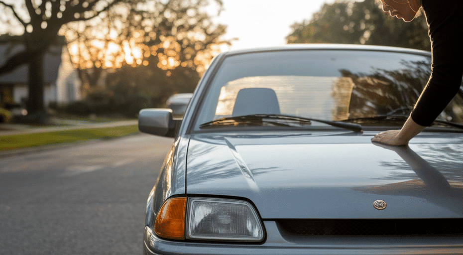 Person thoughtfully considering a used car.