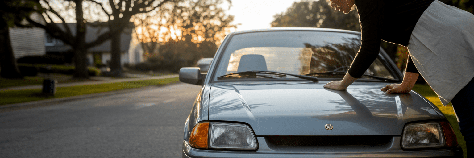 Person thoughtfully considering a used car.