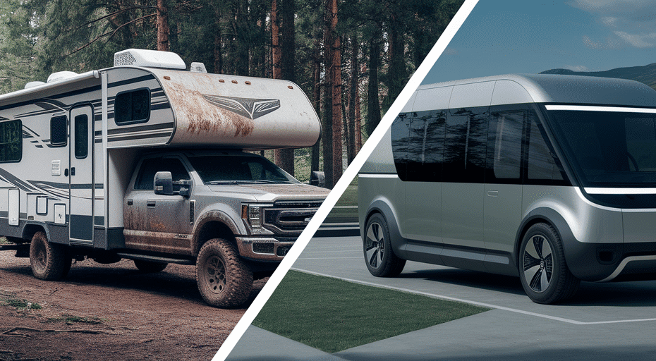 Electric truck and gas truck with trailers.