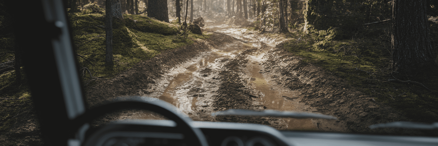 View from inside a truck on a rocky trail.
