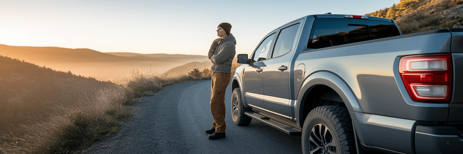 Person standing beside pickup truck at sunrise.