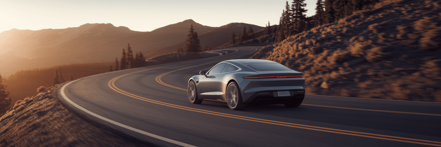 Electric sports car on mountain road at sunset.