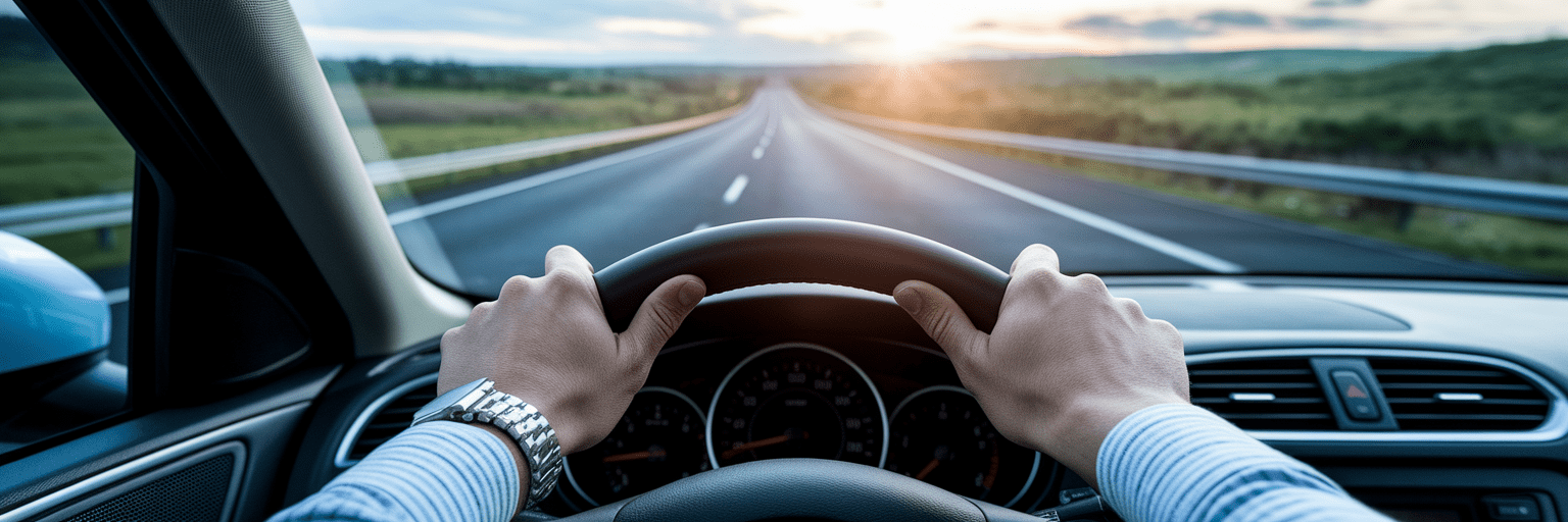 Driver's view of open highway at sunrise.
