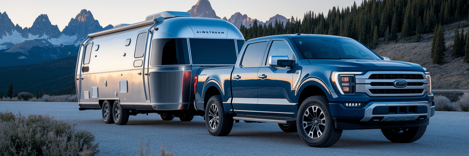 Modern pickup truck towing camper.