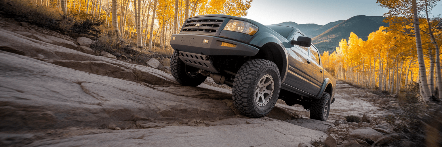4x4 truck with off-road tires on a mountain trail.