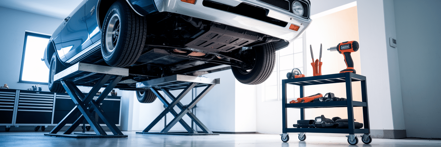 Car on lift with maintenance tools ready.