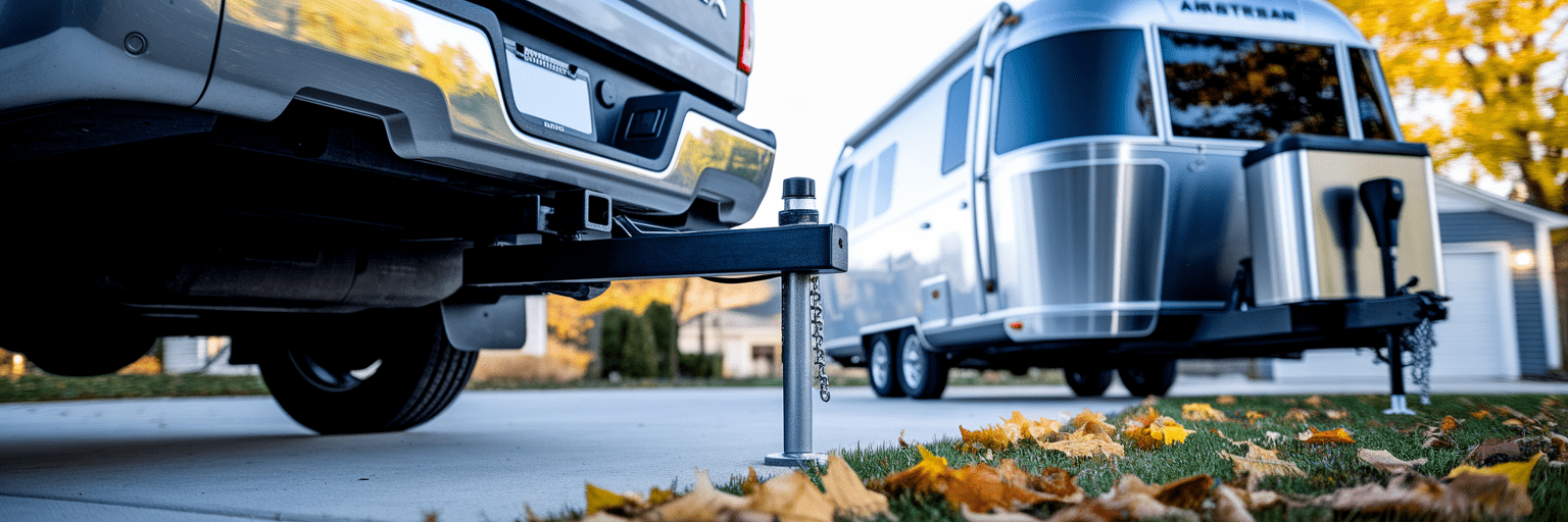 Truck hitch connected to Airstream trailer.