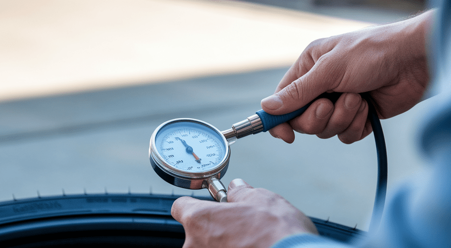 Person checking car tire pressure.